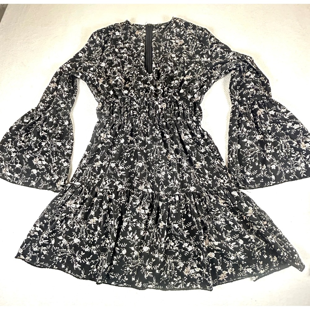 Floral Dress Women Small Black Cottagecore Bell Sleeve Dress Boho Romantic